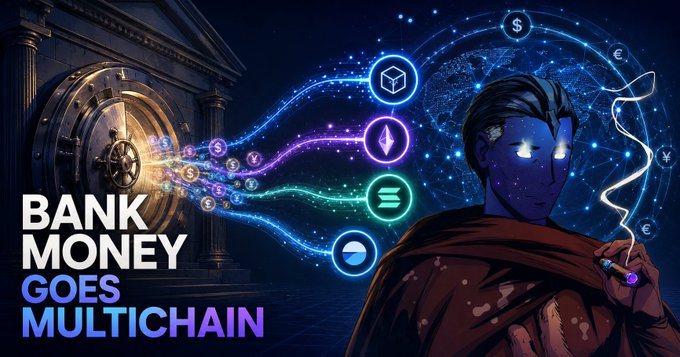 Promotional graphic reading 'BANK MONEY GOES MULTICHAIN' featuring an anime-style character with glowing eyes smoking, surrounded by cryptocurrency symbols including Ethereum, Solana, and stablecoins.