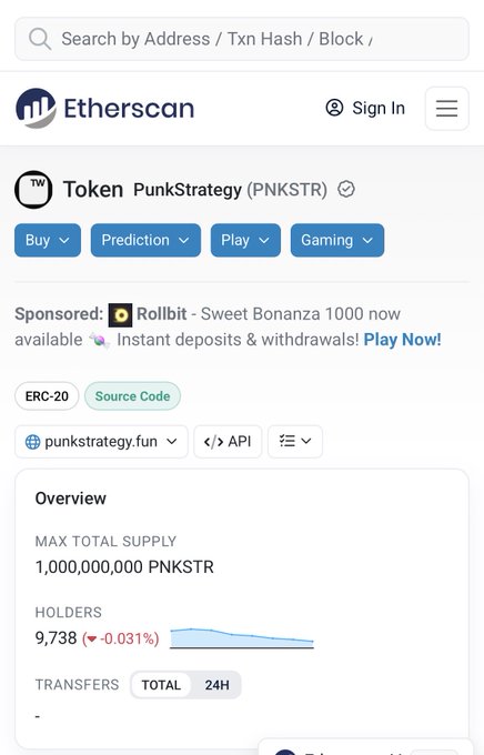 Screenshot of the verified Etherscan token page for PunkStrategy (PNKSTR), showing a max total supply of 1,000,000,000 PNKSTR, 9,738 holders (-0.031%), and the official website punkstrategy.fun, confirming the token's successful verification as referenced in the post.
