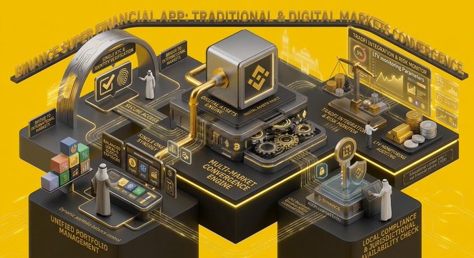 An illustrated graphic titled 'TRANSFORM FINANCIAL APP: TRADITIONAL & DIGITAL MARKETS CONVERGENCE' showing various fintech concepts like secure access, multi-asset engine, and compliance.