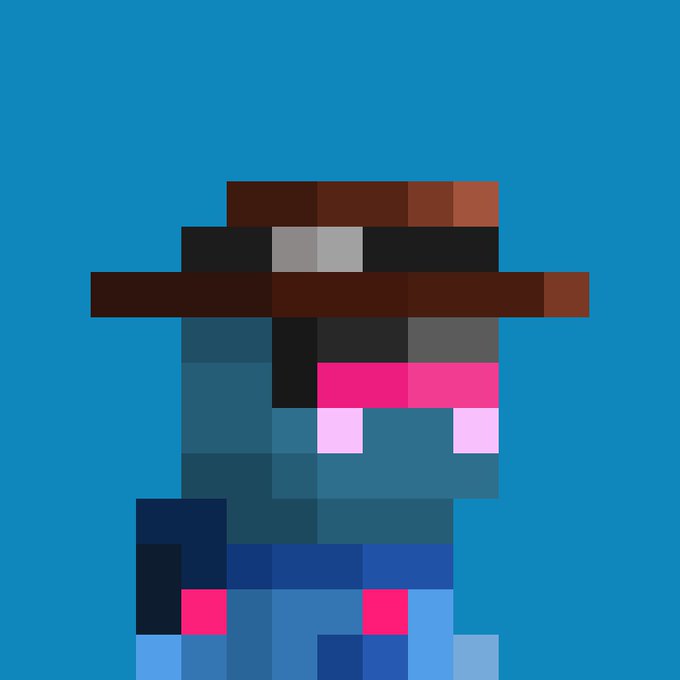 A blocky, pixel-art figure wearing a brown fedora hat stands against a bright blue background, paired with the casual crypto greeting "gm" (good morning) commonly shared by the Web3 community.