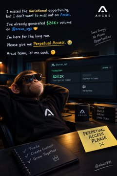 An Instagram story by @aku9791 featuring a meme about trading crypto with a man wearing sunglasses and an 'A' hoodie, requesting 'PERPETUAL ACCESS PLEASE' from the Arcus team after missing an Airdrop opportunity.