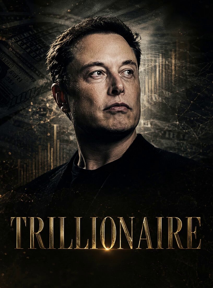 The image features a man with short hair, wearing a black shirt, looking up at something above his head. The background of the image has a dark color scheme, which contrasts with the bright gold letters that spell out "Trillionaire". This combination creates an interesting visual effect and emphasizes the title of the post.