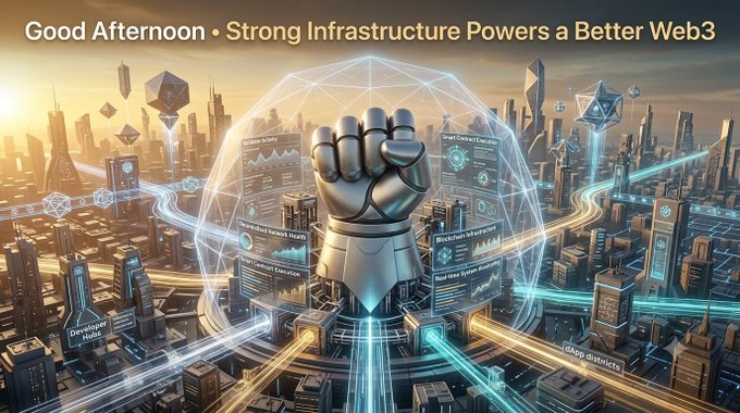 A futuristic Web3-themed graphic with the text "Good Afternoon • Strong Infrastructure Powers a Better Web3," featuring a large metallic fist inside a glowing wireframe dome surrounded by blockchain data and a futuristic cityscape.