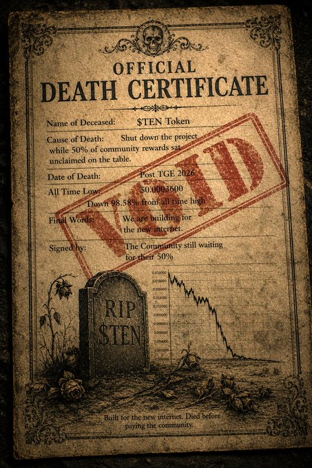 In this digital illustration, there are two main objects - an old, aged paper titled "DEATH CERTIFICATE" written by a person named "STEN TAKEN" with a red stamp on top indicating that it has been officially cancelled. The paper also features a tombstone and the phrase "post final took place. All time. We will never build a new internet". The image is shared on a social media platform where users can comment or engage by typing their names in the comment section below the illustration. It's essential to focus on what is being said about this artwork, as it connects with the post about shutting down an idea while it sits unclaimed at 50% of community rewards.