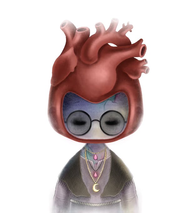 A whimsical illustration features an anthropomorphic anatomical heart character with closed eyes behind round black glasses, adorned with layered necklaces including a moon pendant and pink gemstones, wearing a brown cape-like garment over a purple shirt. The image ties to the celebratory post by serving as the new profile picture (PFP) the user is switching to after their successful 5x call on $PYO (pyopyopyopyo), matching the post's triumphant tone with its quirky, self-assured character design.