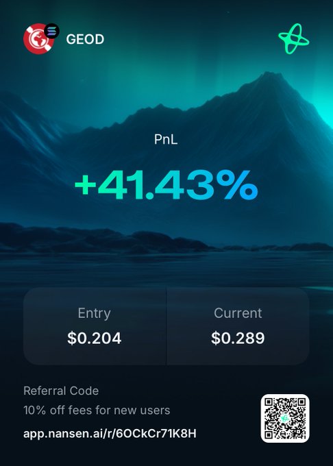 A mobile app screenshot showing a trading position in GEOD token with +41.43% PnL, Entry at $0.204 and Current at $0.289, including a referral code link app.nansen.ai/r/6OCkCr71K8H.