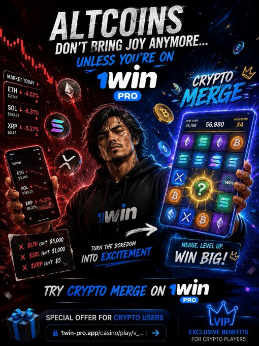 An advertisement for 1win Pro featuring a man holding two phones, promoting 'Crypto Merge' with text 'ALTCOINS DON'T BRING JOY ANYMORE...' and showing ETH, SOL, XRP market prices.