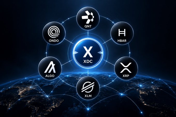 A digital graphic showing a network of cryptocurrency logos connected to 'XDC' in the center, with surrounding tokens including QNT, HBAR, XRP, XLM, ALGO, and ONDO, displayed over a view of Earth at night.