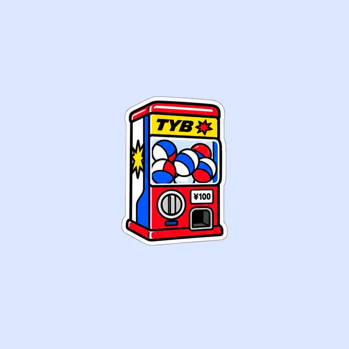 A cartoon illustration of a gumball or capsule vending machine labeled 'TYB' in red, blue, and white colors, priced at ¥100, set against a light blue background.