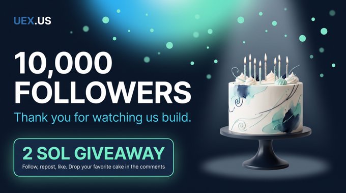 A celebratory graphic from UEX.US featuring a decorative cake with candles on a dark blue bokeh background, announcing "10,000 FOLLOWERS - Thank you for watching us build" and promoting a "2 SOL GIVEAWAY" giveaway requiring followers to repost, like, and comment with their favorite cake photo.