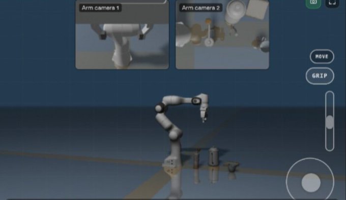 A screenshot of a robotic arm simulator showing two camera views labeled 'Arm camera 1' and 'Arm camera 2' at the top, with the main view displaying a white robotic arm above some objects, alongside 'MOVE' and 'GRIP' controls.