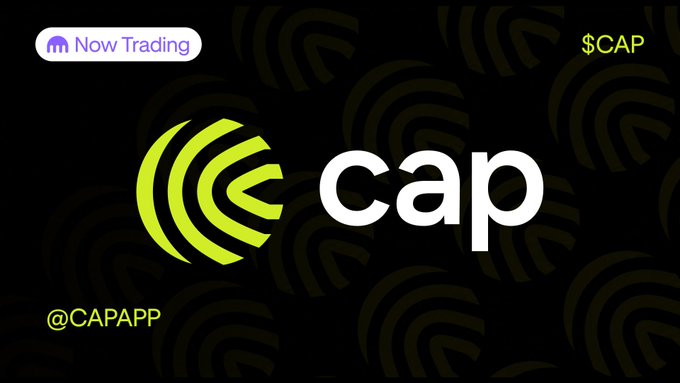 A promotional graphic for $CAP by @CAPAPP, featuring a green circular logo with curved lines resembling sound waves or radio signals alongside the "cap" wordmark, with a "Now Trading" badge in the top-left and "$CAP" ticker in the top-right against a black background, visually announcing the launch of their institutional on-chain credit platform on Ethereum.