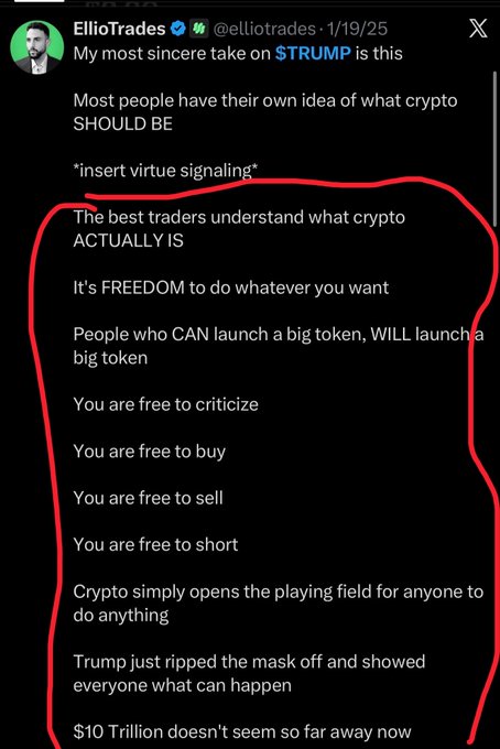 A tweet from @elliotrades dated 1/19/25 defends $TRUMP by arguing crypto's true purpose is "FREEDOM to do whatever you want," with points circled in red highlighting that anyone can launch tokens, buy, sell, or short—ironically contradicting the accompanying post's criticism about hypocrisy.