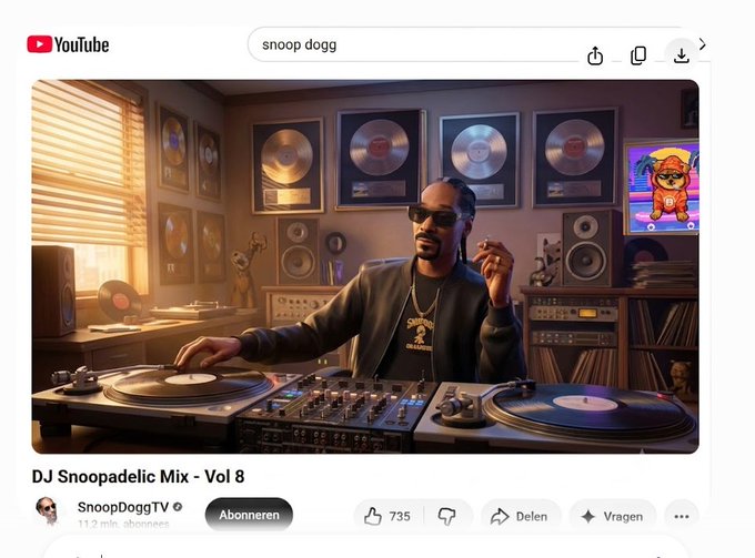 A YouTube search result for 'snoop dogg' showing a thumbnail titled 'DJ Snoopadelic Mix - Vol 8' from 'SnoopDoggTV' with 735 likes, depicting an AI-generated image of a man DJing with records on the wall.