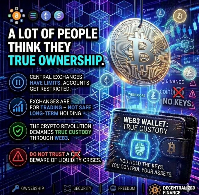 Crypto-themed infographic with the headline "A LOT OF PEOPLE THINK THEY TRUE OWNERSHIP." It features a Bitcoin coin, a Web3 wallet, and bullet points warning about Central Exchanges, advocating for Web3 self-custody with the message "YOU HOLD THE KEYS. YOU CONTROL YOUR ASSETS."
