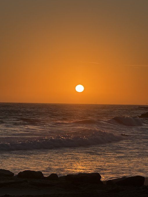 A glowing orange sunset hovers over a calm ocean horizon, with gentle waves rolling toward dark rocks in the foreground. The caption "not grass. don't care." humorously captures the beach's sandy, rocky terrain, which bears no resemblance to a grassy landscape.