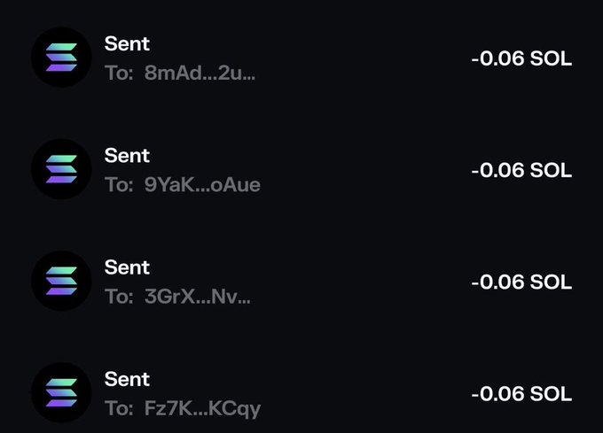 The image shows a screenshot of four completed cryptocurrency transactions, each labeled "Sent" with the amount "-0.06 SOL" sent to different truncated wallet addresses. This appears to be proof of Solana (SOL) transfers being distributed, likely as part of the giveaway where the poster is selecting 50 winners who dropped their SOL addresses.