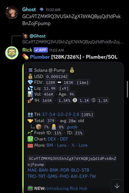 A Discord message from user "Ghost" displays a Rick Bot scan for the "$PLUMBER" token on Solana/Pump, showing metrics including a market cap of 128K (FDV 183K), 13.9K liquidity, 165K 1-hour volume, and 379 total holders. The accompanying post highlights the token's 50x gain from 128K to 5M market cap, suggesting this initial scan preceded the significant price surge.