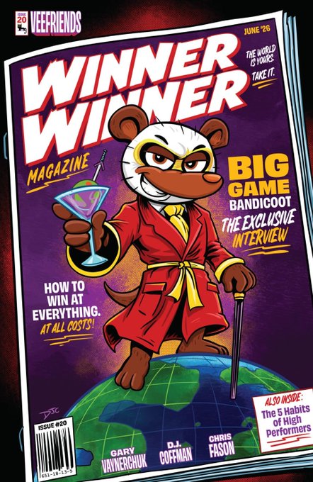 A magazine cover for 'Winner Winner Magazine' featuring an anthropomorphic bandicoot in a red robe holding a martini glass, with headlines like 'BIG GAME BANDICOOT THE EXCLUSIVE INTERVIEW'.