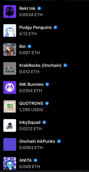 A mobile app screen displaying a list of NFT collections and their floor prices in ETH and USDG, including Rekt Ink, Pudgy Penguins, Boi, KrakRocks, INK Bunnies, and QUOTRONS.