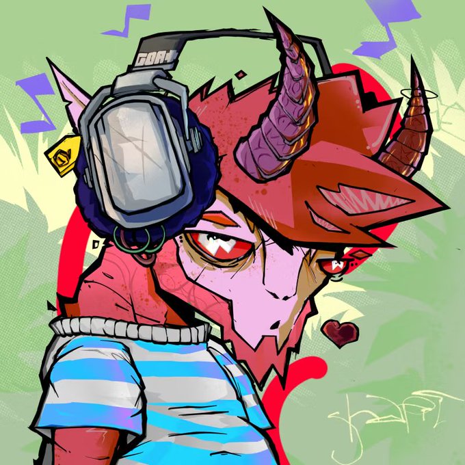A stylized digital illustration of a punk-style character with a red and blue haircut, horns, a striped shirt, and a cracked visor or headphone over one eye, set against a green background with musical notes.