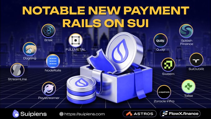Infographic titled 'Notable New Payment Rails on SUI' showcasing various crypto project logos including Brisk, FULLMETAL, Quay, Splash Finance, Dugong, NodeRails, Sweem, SuiOutKit, StreamLine, Paydreamer, Zoracle Infrg, and Talise, with Suipiens, ASTROS, and FlowX.finance branding at the bottom.