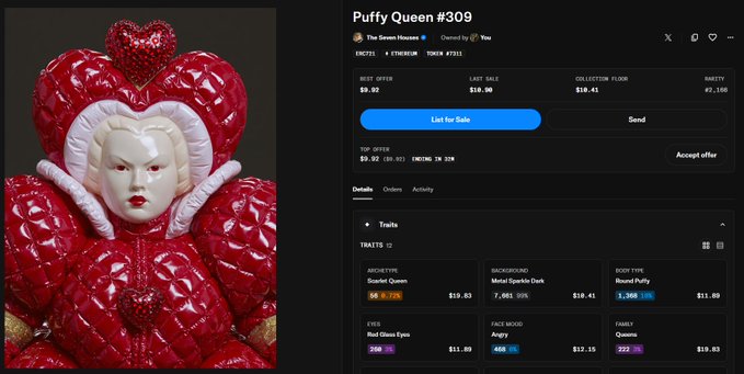 An NFT listing titled 'Puffy Queen #309' from 'The Seven Houses' collection, featuring a red and white heart-themed character and trait details including 'Scarlet Queen', 'Metal Sparkle Dark', and 'Red Glass Eyes'.