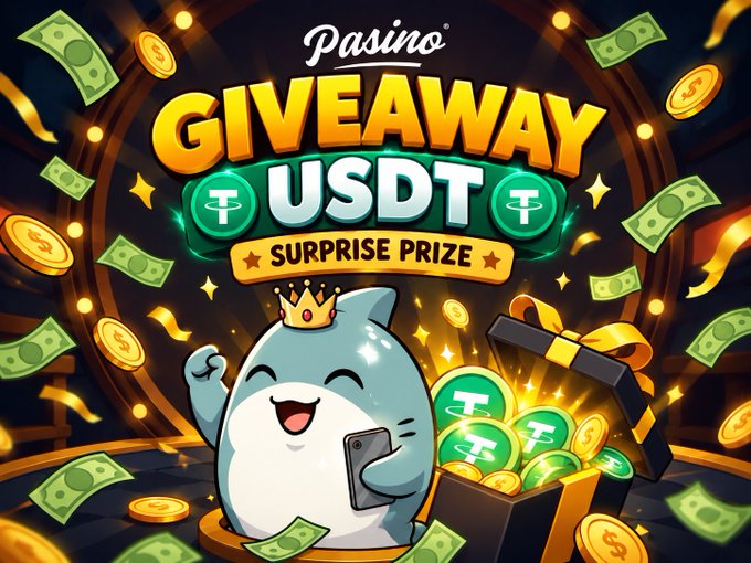 A digital illustration advertises a 'Casino GIVEAWAY USDT SURPRISE PRIZE' featuring a crowned cartoon character holding a phone next to a treasure chest overflowing with USDT coins and cash.