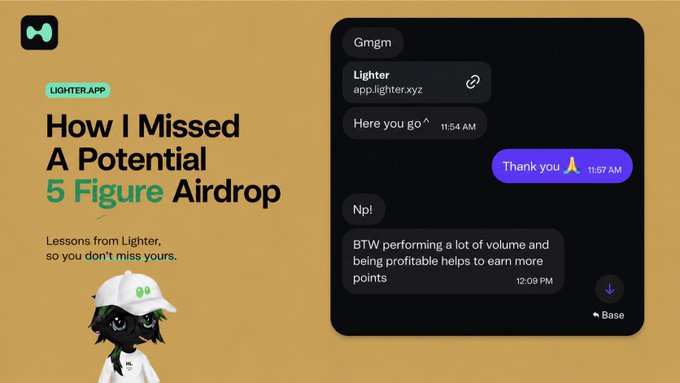 The image is a blog post header titled "How I Missed A Potential 5 Figure Airdrop" with the subtitle "Lessons from Lighter, so you don't miss yours." It features a chat conversation showing a friend sharing a referral link for "Lighter" (app.lighter.xyz), followed by an exchange about volume-based point earning—visually illustrating the missed airdrop opportunity the post describes.