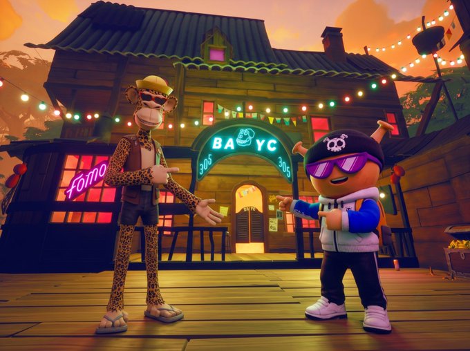 A 3D animated scene featuring two cartoon characters—a tall giraffe in sunglasses and a bear wearing a skull cap and sunglasses—standing in front of a wooden building with neon signs reading 'BAYC', 'FOMO', and '305'.