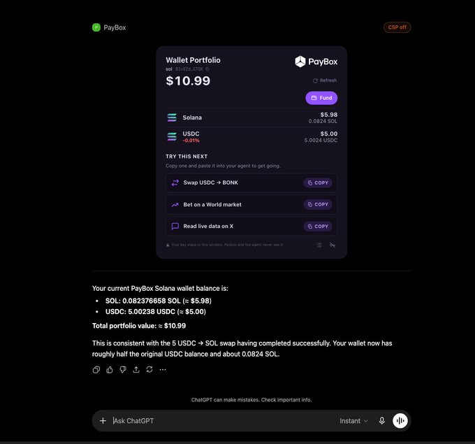 The image shows a PayBox wallet interface with a portfolio value of $10.99, consisting of 0.082376658 SOL and 5.00238 USDC, confirming a successful USDC to SOL swap. This aligns with the accompanying post detailing the successful funding and swap within the PayBox wallet.