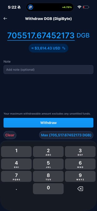 A mobile cryptocurrency withdrawal screen displaying 'Withdraw DGB (DigiByte)' with an amount of 705517.67452173 DGB (≈ $3,614.43 USD) and a numeric keypad.