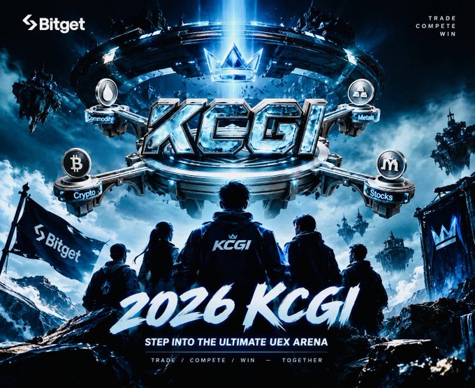 A promotional poster for Bitget's 'KCGI 2026' trading competition with the tagline 'STEP INTO THE ULTIMATE UEX ARENA' featuring categories like Crypto, Stocks, and Metals.