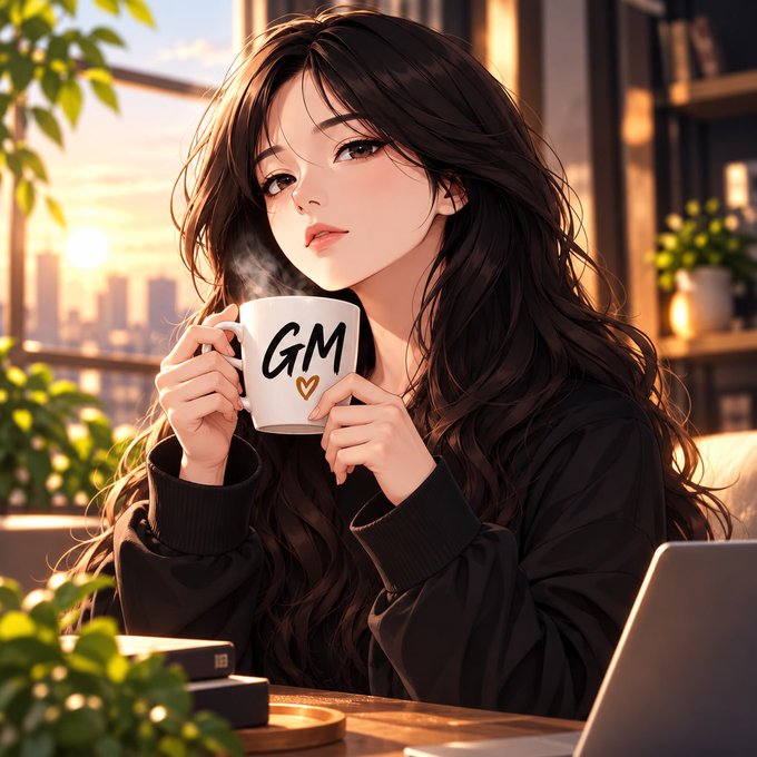 An anime-style illustration depicts a young woman with long wavy dark hair drinking from a white mug that says "GM" with a heart, set in a cozy room with a city view at sunset.