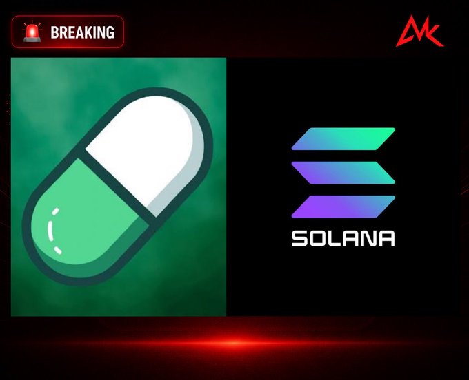 A 'BREAKING' news graphic featuring a green pill/capsule icon alongside the Solana logo and branding.