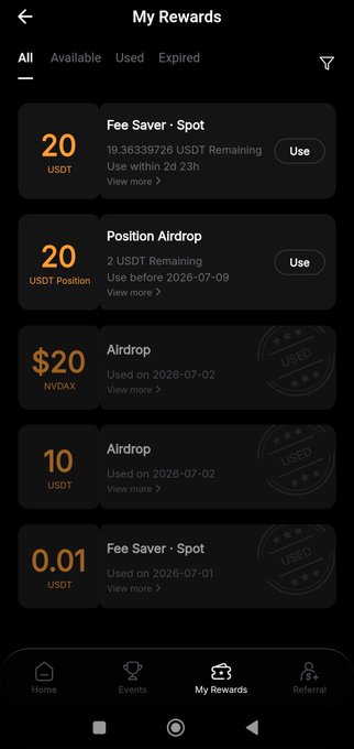 A screenshot of the "My Rewards" section on the Bybit app displays multiple reward vouchers, including a 20 USDT Fee Saver for Spot (19.36 USDT remaining, usable within 2d 23h), a 20 USDT Position Airdrop, a $20 NVDAX Airdrop, and a 10 USDT Airdrop, supporting the post's claim about receiving spot rewards, a savings voucher, and a trading position voucher from referrals.