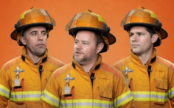 Three firefighters in orange turnout gear and helmets stand against a vivid orange backdrop, with the central figure speaking while the two flanking him look on. The fiery orange tone of both their uniforms and the background visually echoes the "controlled burn" theme of the post referencing the ticker $SATA.