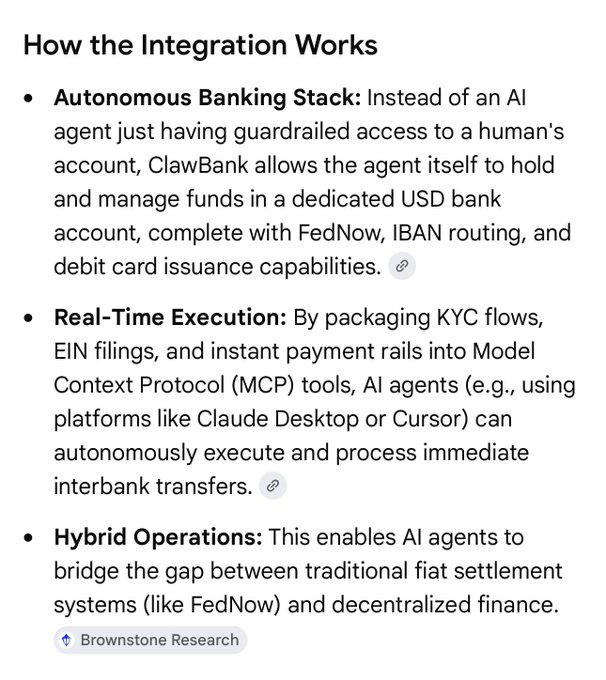 A screenshot of a text section titled "How the Integration Works," detailing ClawBank's features including its Autonomous Banking Stack with USD accounts and FedNow/IBAN routing, Real-Time Execution via MCP tools for AI agents, and Hybrid Operations bridging fiat and decentralized finance. The post highlights ClawBank as a top XRP Ledger transactor leveraging XRP and RLUSD for bridging transactions through FedNow rails.
