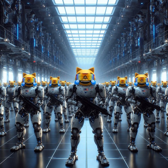 A futuristic sci-fi scene showing rows of white humanoid robots with cat-like heads and colorful headsets marching in formation down a high-tech corridor with glowing blue lights.