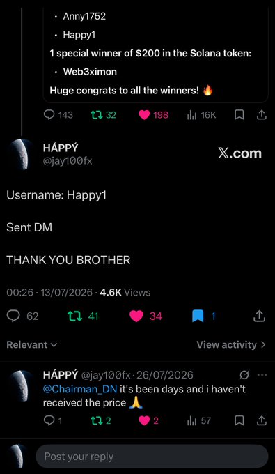A social media post from HAPPY (@jay100fx) announcing Solana token giveaway winners including Anny1752, Happy1, and Web3ximon who won $200, with a reply indicating the prize hasn't been received.