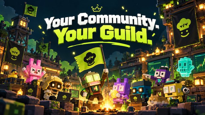 A vibrant promotional graphic reads 'Your Community. Your Guild.' featuring cartoonish pixel/blocky characters in a medieval-style village setting with green flags and torches.