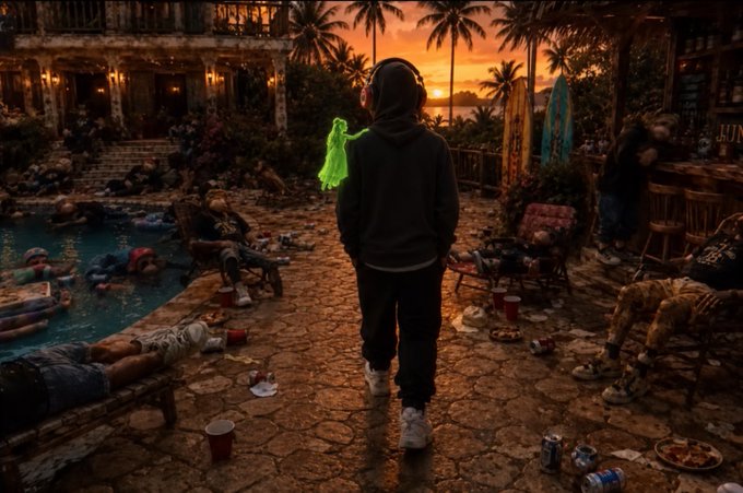 A person wearing a dark hoodie and headphones stands facing away in a crowded, messy poolside area at sunset, with a person in a glowing green dress nearby and various people lounging among debris.