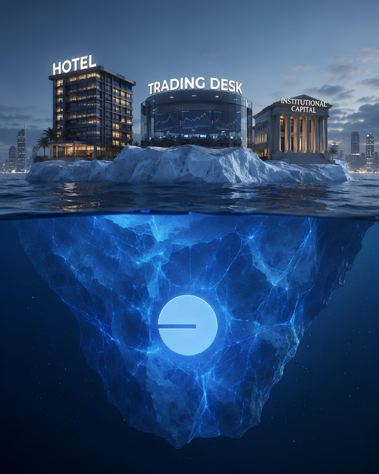 The image shows a 3D rendering of an underwater city with buildings, including hotels and trading desks, floating above water. The city appears to be made entirely out of ice, giving it a unique and surreal appearance. The text "Hotel Trading Desk" is written on three separate buildings in the scene, indicating that these structures are part of a larger trading desk or hotel complex. The image also includes an image of a coin floating above the city, which could represent a cryptocurrency symbol or simply be a decorative element within the scene.