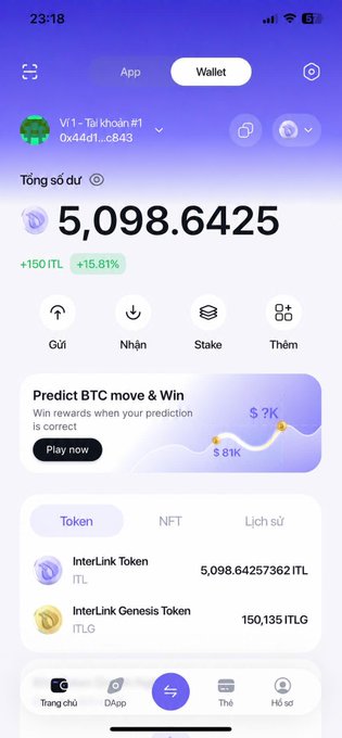The image shows a mobile wallet app displaying "InterLink Token" (ITL) holdings of 5,098.6425 tokens, along with a smaller holding of 150,135 InterLink Genesis Token (ITLG), reflecting the user's aggressive accumulation of ITL as mentioned in the post. The interface includes options to send, receive, stake, and shows a 15.81% gain (+150 ITL) on the main balance, visually supporting their expressed confidence in the InterLink project.
