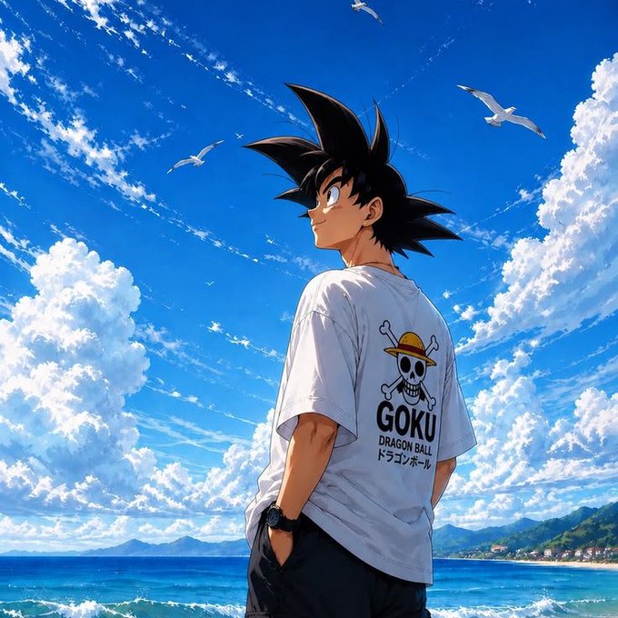 An anime-style illustration of a boy with spiky black hair standing against a bright blue sky with seagulls, wearing a white t-shirt featuring the straw hat logo from 'Dragon Ball' with the text 'GOKU', 'DRAGON BALL', and Japanese text 'ドラゴンボール'.