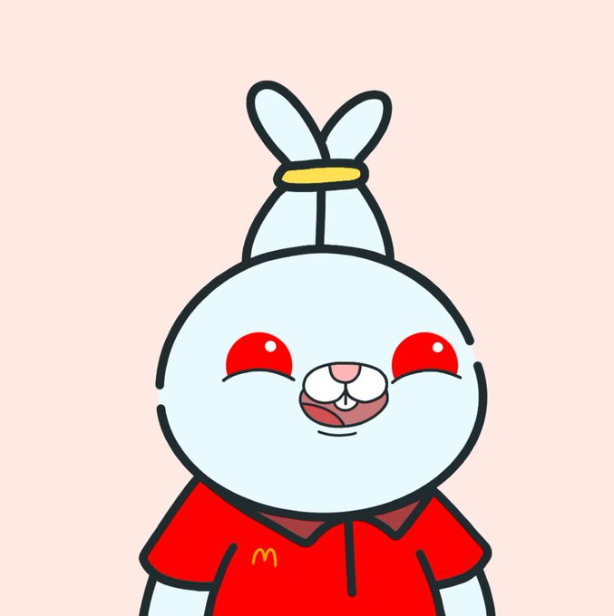 A cute cartoon blue rabbit with red eyes wearing a McDonald's red uniform, smiling against a pale pink background.