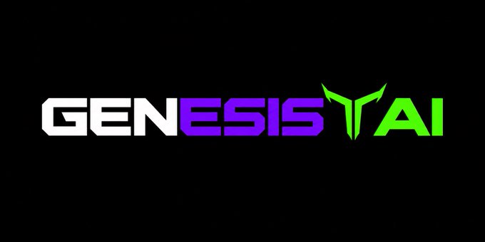 The logo for 'GENESIS AI' displayed in white, purple, and green text with a stylized horn icon on a black background.
