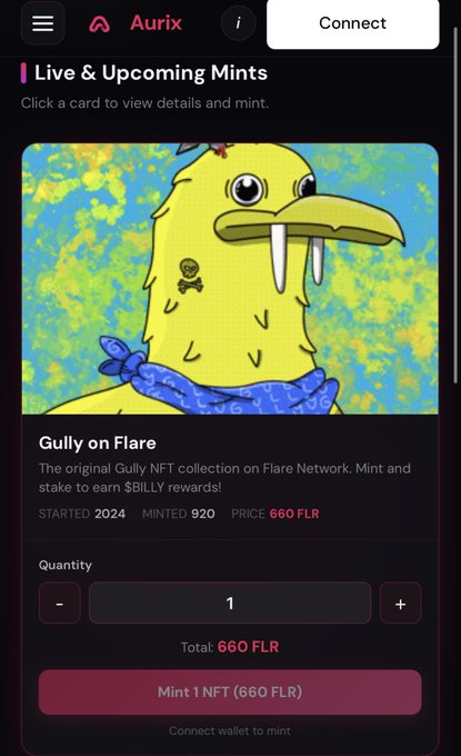 A mobile app screen titled 'Aurix' shows a 'Live & Upcoming Mints' section featuring 'Gully on Flare', a yellow bird NFT from the original Gully collection on Flare Network, priced at 660 FLR.
