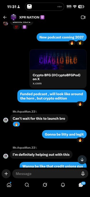 An Instagram DM conversation in the 'XPR NATION' group chat regarding a 'New podcast coming 2027' by Crypto BFG (@CryptoBFGPod), with user Mr.AquaMan.33x offering to help with the 'litty and legit' crypto podcast.
