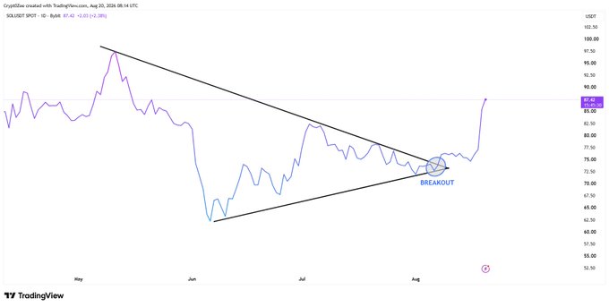 A TradingView stock chart for $SOLUSDT SPOT showing a descending triangle pattern with a breakout point circled in August, with prices around 87.62.